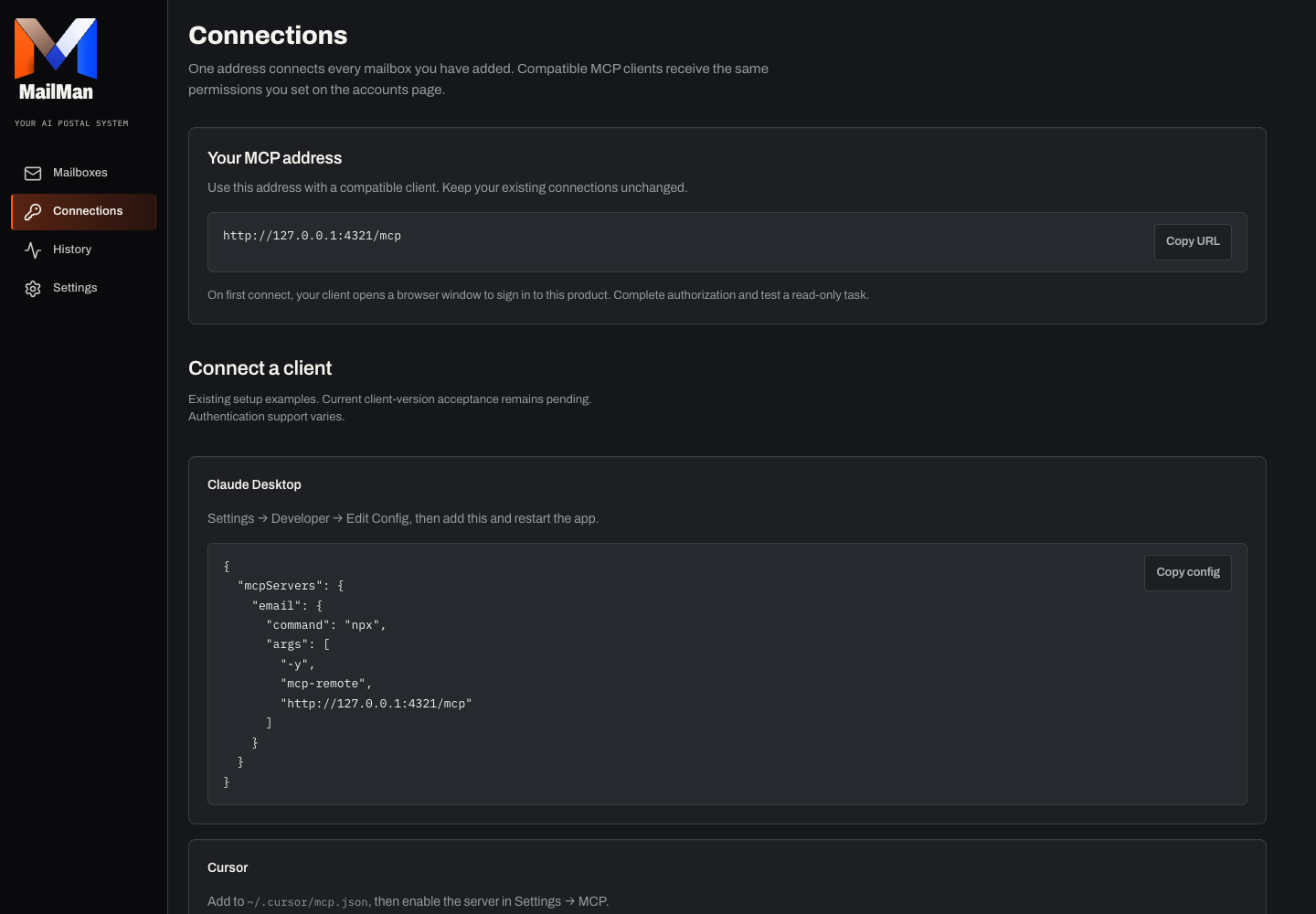 Actual MailMan Connections screen: use the displayed service address and supported authorization instructions. Claude Code personal-token account listing and bounded Gmail search have a dated check; other connections need their own checks. Screenshot using a synthetic account, not a live provider result.