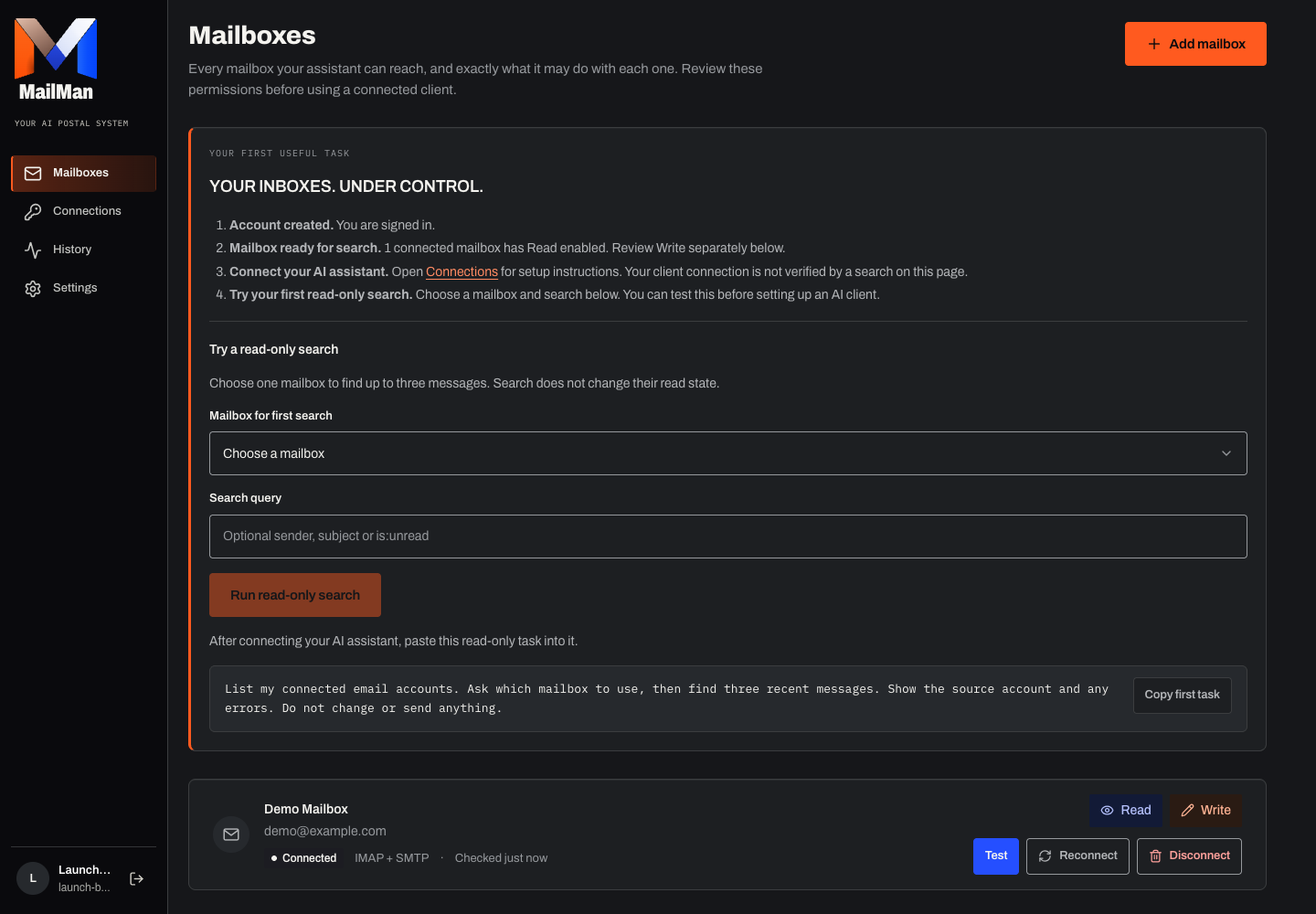 Actual MailMan application: a synthetic Demo Mailbox with Read and Write controls, connection testing and disconnection. Screenshot using a synthetic account, not a live provider result.